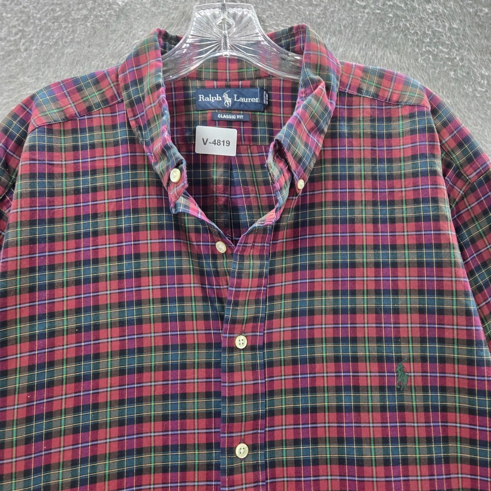 VINTAGE Ralph Lauren Men Button Up Shirt 2XB Red Plaid Classic Fit Long Sleeve - Picture 8 of 8